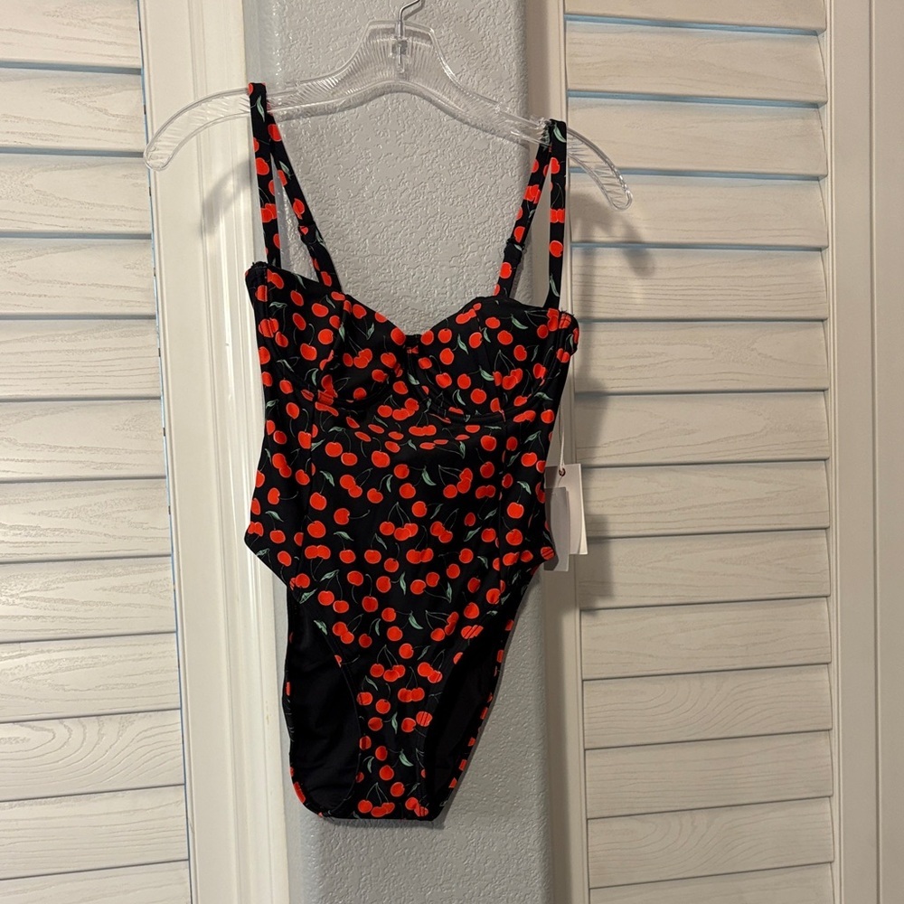 Good American Cherry Print One Piece Swimsuit - Black and Red
